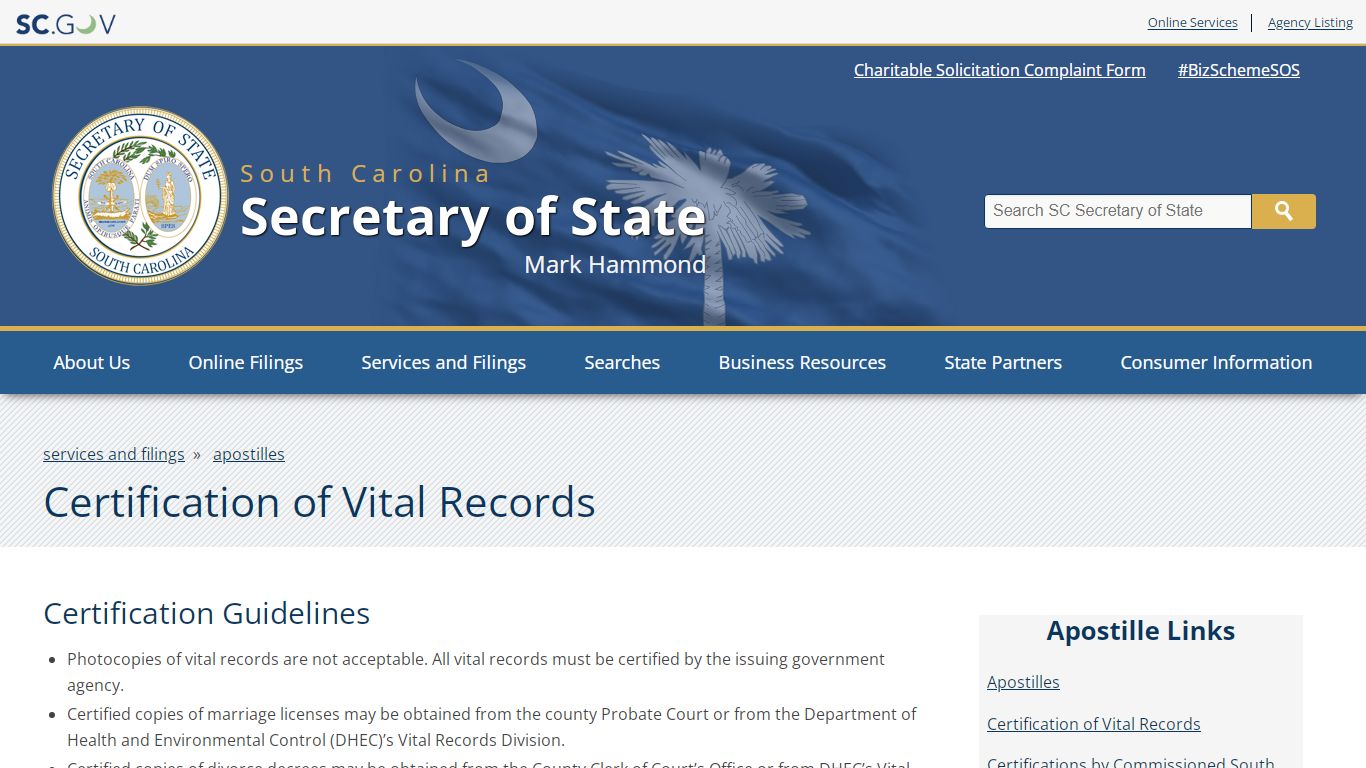 Certification of Vital Records | SC Secretary of State